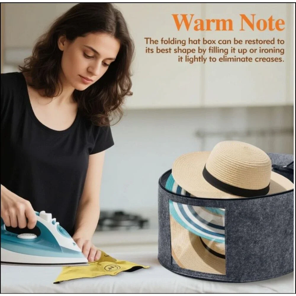 Round Hat Box, Stackable Felt Hat Box Storage, Foldable Premium for Women/Men